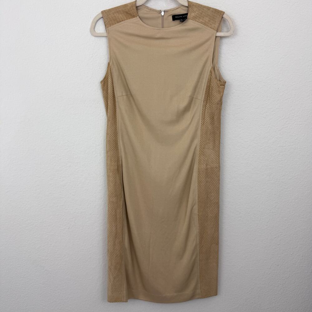 Ralph Lauren Womens Black Label Lambs Suede Trim Sheath Dress Size 6 Neutral Tan